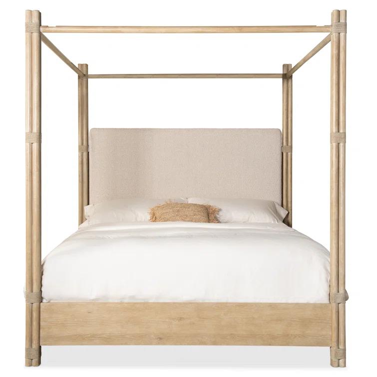 King Beige Upholstered Canopy Bed with Oak Frame