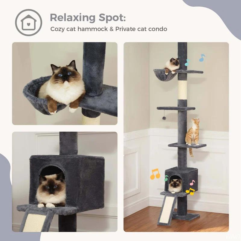 Adjustable Height Floor To Ceiling 5-Tier Tall Cat Tree Tower For Indoor Cats With Cat Condo, Cat Scratching Post And Cat Ladder