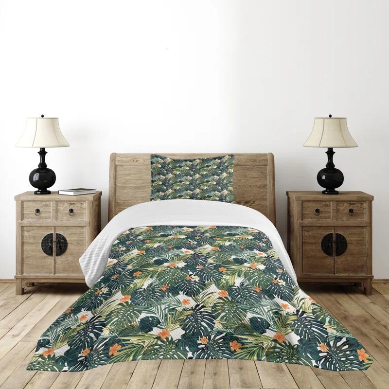 Ambesonne Ambesonne Green Bedspread Set 2 Pcs Hawaiian Tropical Flora Twin Green Dark Teal Orange