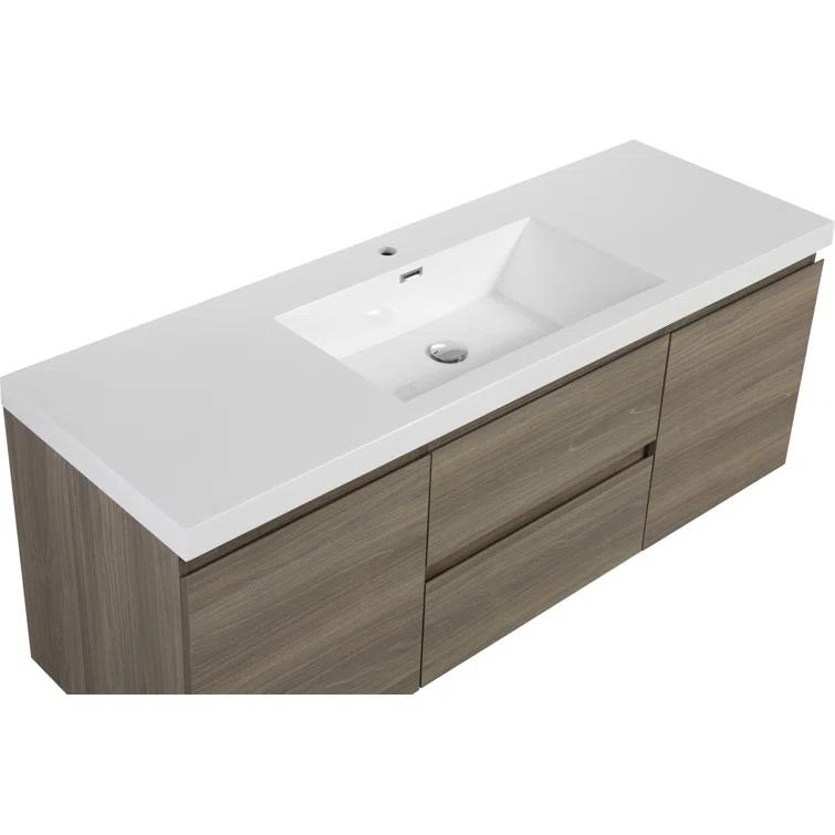 60" Floating Bathroom Vanity Modern Wall-Mounted Storage Vanity with Resin Top Basin, 2 Cabinets and 2 Soft Close Drawers