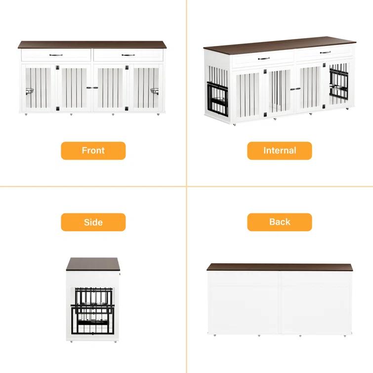 Tucker Murphy Pet™ 71" Large Dog Crate Furniture Style W/2 Drawers  & Reversible Food Bowls, 8 360° Lockable Wheels