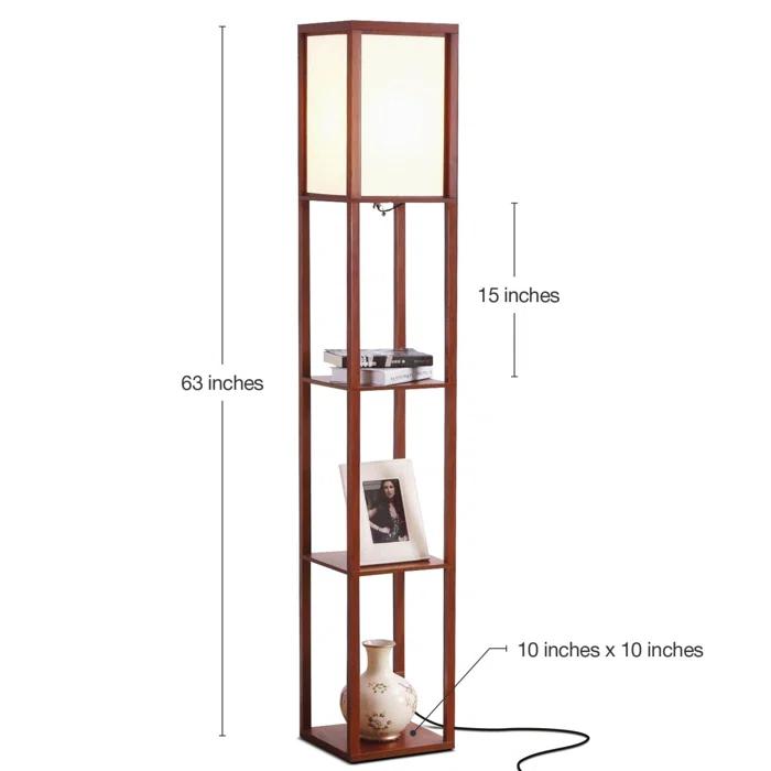 Brightech Maxwell 63" Modern LED Shelf Floor Lamp with Walnut Brown Finish, 3 Tiers, and Fabric Square Shade, Bulb Included