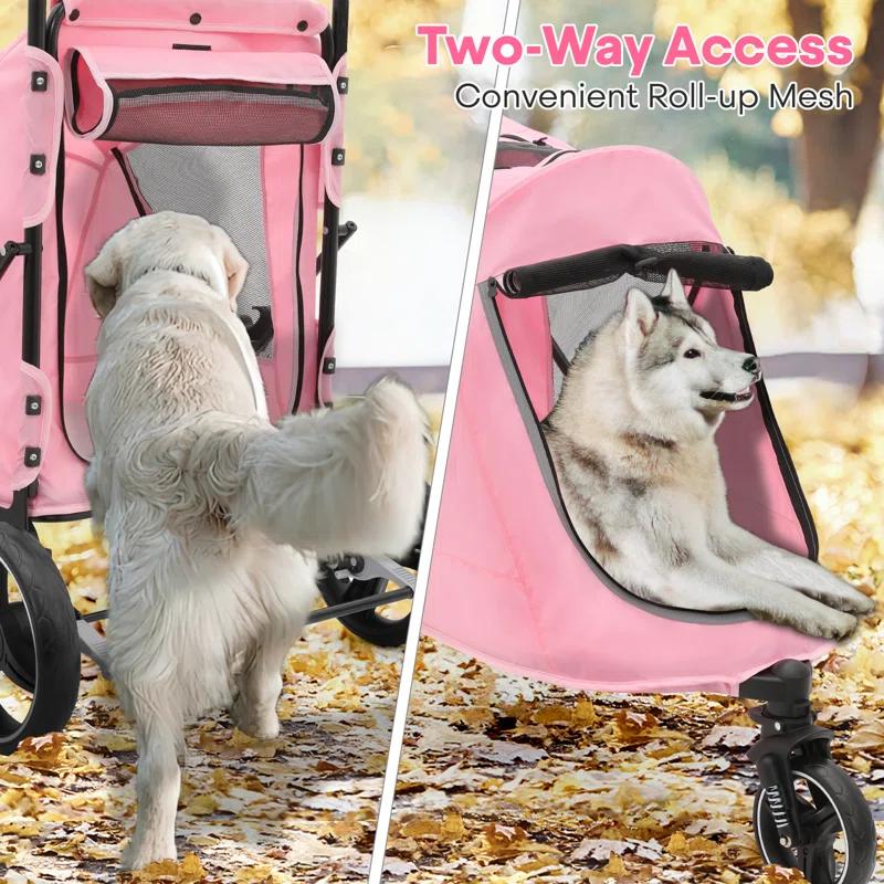 MoNiBloom Folding 3 Wheel Pet Stroller, Foldable Dog Jogger Stroller with Adjustable Handlebar and Mesh Window