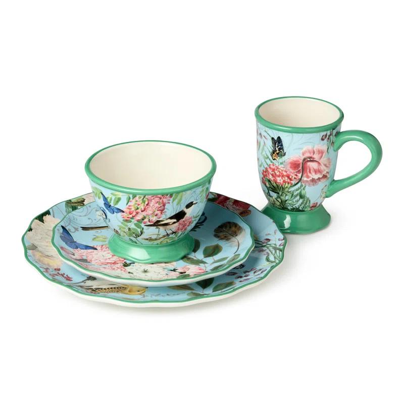 Certified International Flora 16-Piece Dinnerware Set, Service for 4 – Includes Dinner Plates, Dessert Plates, Pedestal Mugs, and Pedestal Ice Cream Bowls with Vibrant Nature-Inspired Floral Designs