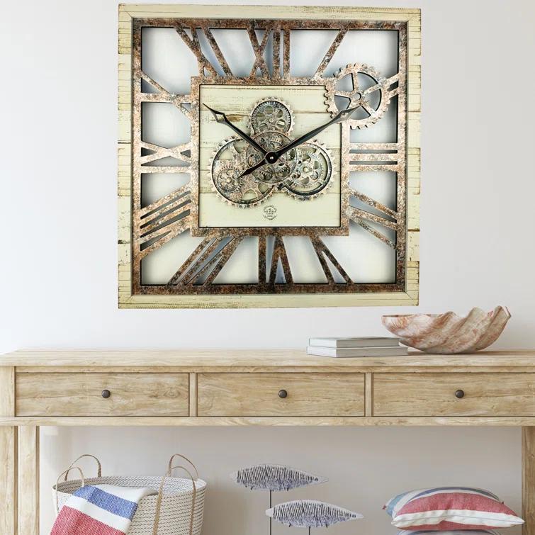 The Gears Clock Wall Clock 24" Square Oversized for Living Room decor with Real Moving Gears America Collection
