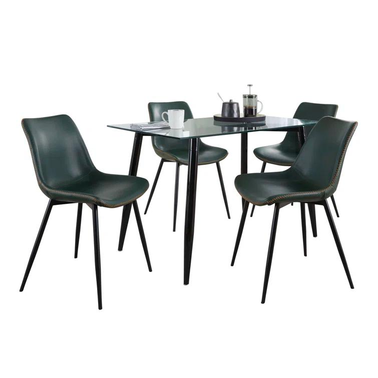 LumiSource Clara-Durango Contemporary Dining Set In Black Metal, Clear Glass And Green Vintage Faux Leather With Orange Zig Zag Stitching - 5 Piece