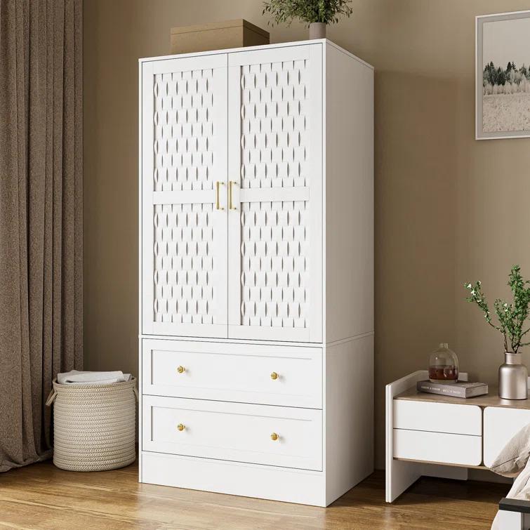 Everly Quinn Freestanding Armoire Wardrobe Closet with 2 Woven Doors