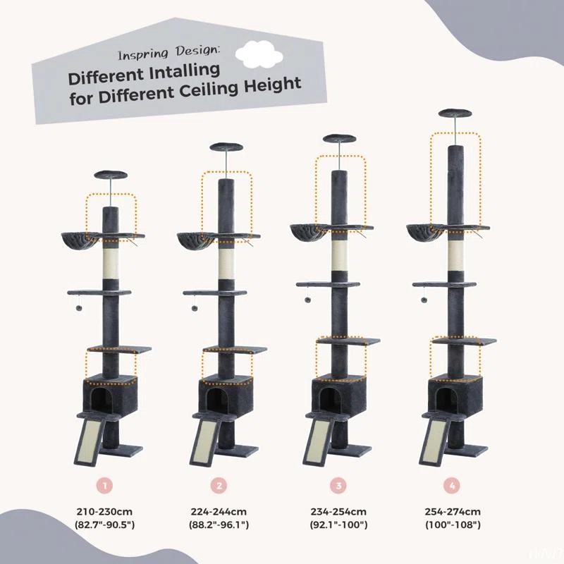 Adjustable Height Floor To Ceiling 5-Tier Tall Cat Tree Tower For Indoor Cats With Cat Condo, Cat Scratching Post And Cat Ladder