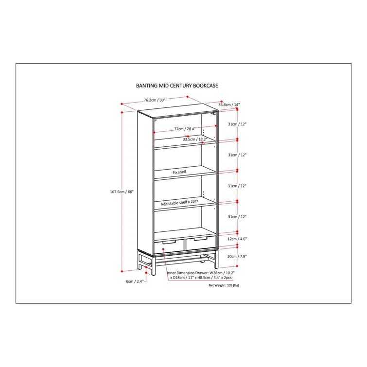 Banting 30"W Solid Wood 4 Shelf Industrial Bookcase with 2 Drawers, Adjustable Shelves, and Metal Base