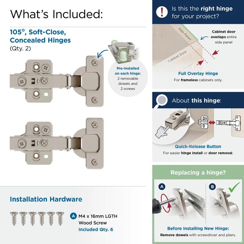 Full Overlay Frameless Soft Close Euro Concealed Cabinet Hinge - 1 Pair