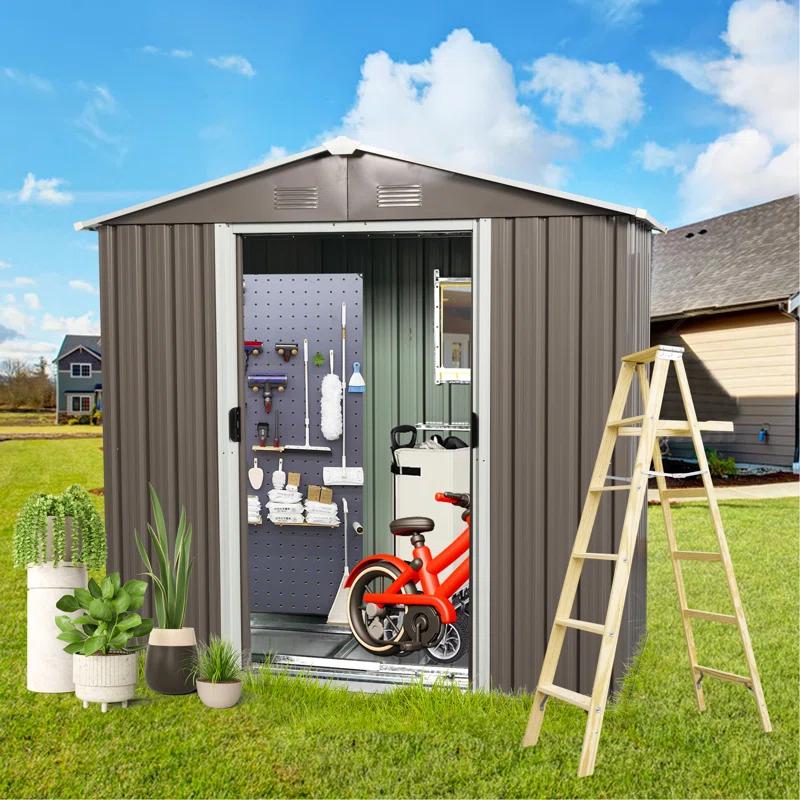 HONGHELEWANG 8Ft X 4Ft Outdoor Metal Storage Shed With Window And Metal Foundation,Gray | Wayfair