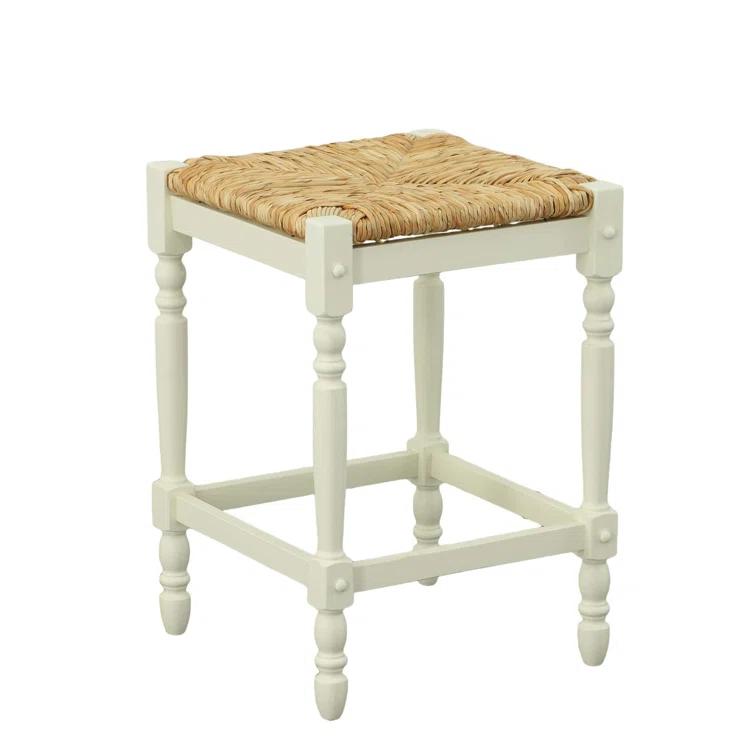 Carolina Cottage Hawthorne 24" Counter Stool with Woven Rush Seat - Vintage Hardwood Legs, Hand Finish Backless Stool (Antique White)