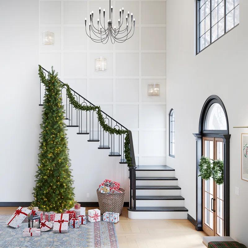 9' Prelit Pencil Slim Feel Real Downswept Douglas Fir Artificial Christmas Tree Dual Color Lights - National Tree Company