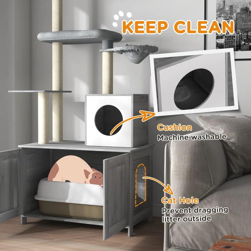 Tucker Murphy Pet™ Cat Tree With Litter Box Enclosure, 2 In 1 Floor To Ceiling Cat Tower Litter Box Furniture With Condo, Bed, Hammock, Scratching Posts, And Platforms For Indoor Use