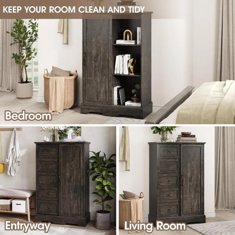 Gracie Oaks 5 Drawers Dresser With Cabinet, 48" Tall Chest, Wooden Closet Dresser With Sliding Barn Door For Living Room, Hallway