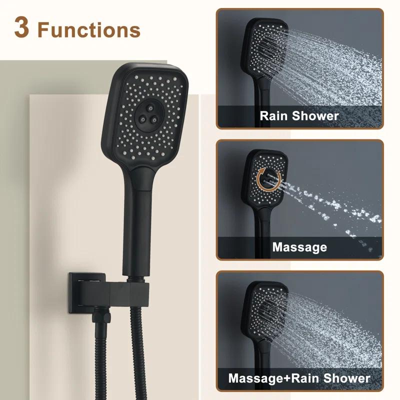 Revitalize 3-Function 12 Inch Ceiling Mount Rainfall Thermostatic Shower System with 6 Body Jets