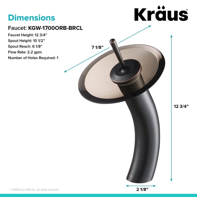 Kraus KGW-1700ORB-BRCL Premium Faucet Glass Waterfall  Vessel Bathroom Sink