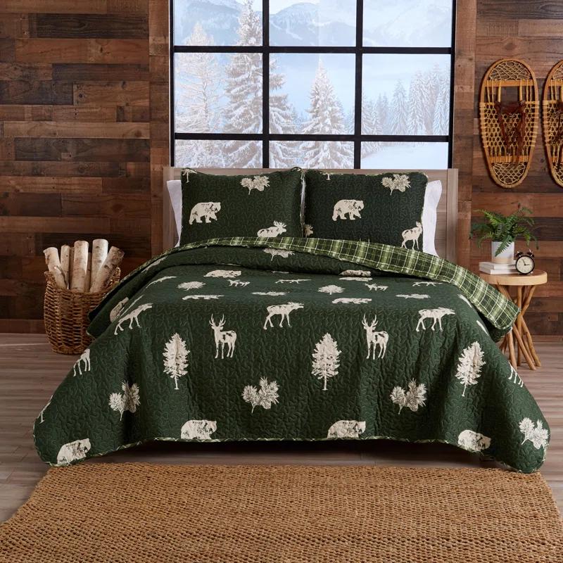 FreshFolds Forest Green Nature Quilt Set Reversible Plaid Quilt Set with Shams