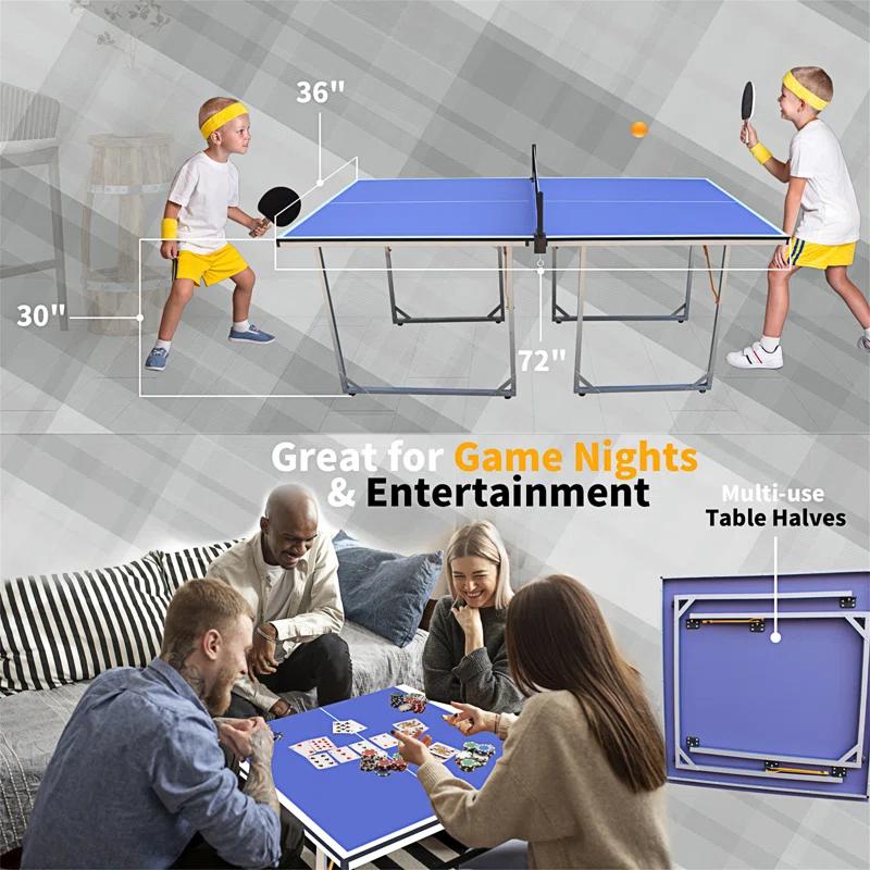ALPHANEO 6Ft Mid-Size Table Tennis Table Foldable  And  Portable Ping Pong Table Set For Indoor  And  Outdoor Games With Net, 2 Table Tennis Paddles And 3 Balls