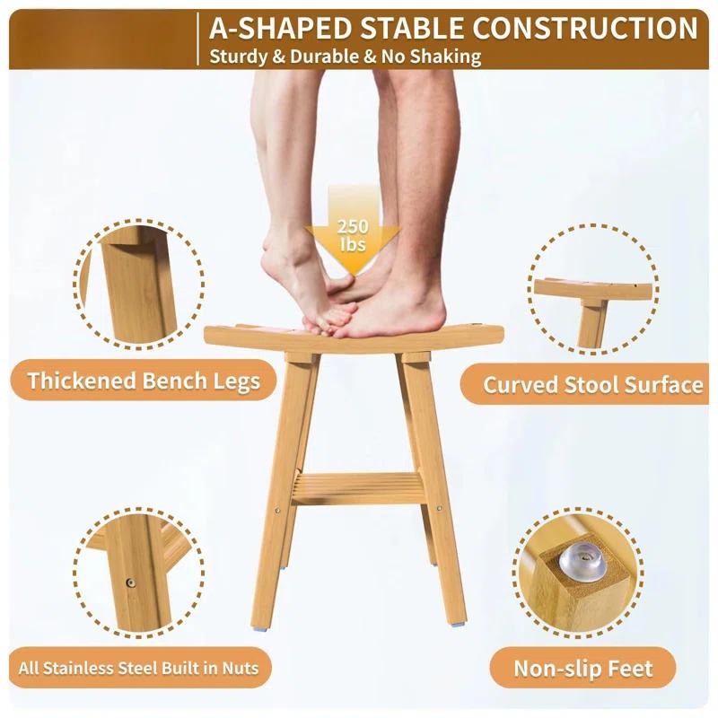 Red Barrel Studio® Bamboo Shower Bench Stool, Shower Chair For Inside Shower With 2-Tier Storage Shelf, Waterproof Shower Seat For Shaving Legs, Spa Bathroom Shower Bench