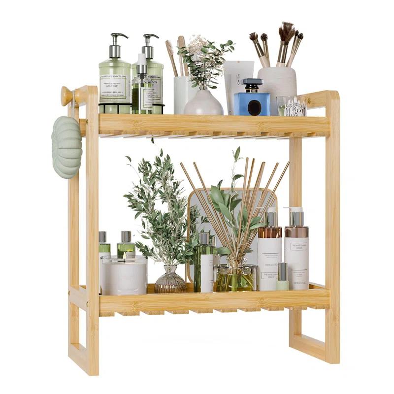Ebern Designs Bamboo 2 In 1 Dual Stable Bathroom Over Toilet 2 Tier Storage Rack, Natural