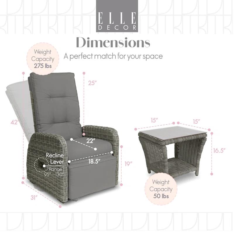 Elle Decor Vallauris 3-Piece Outdoor Reclining Chair Set, Grey