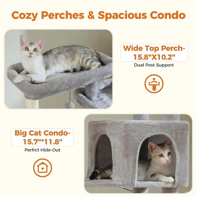 Ophelia & Co. 69" Tall Cat Tree Tower For Indoor Large Cats With Super Large Hammock, Scratching Posts, Condo House And Large Top Perch