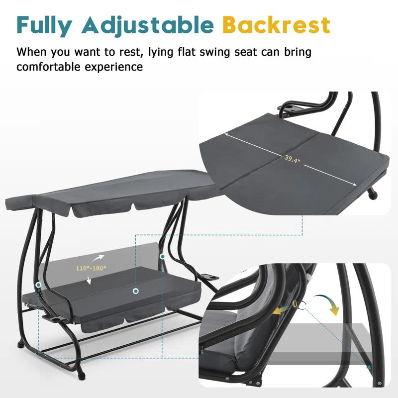 MCombo 3 Seat Patio Swing Chair, Outdoor Swing with Adjustable Canopy, Porch Swing