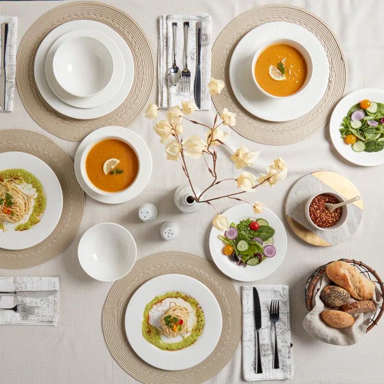 Tabletops Gallery Ivory Dinnerware 12 Piece Set Embossed Bone White Porcelain (Dinner Plate, Salad Plate, Cereal Bowl)