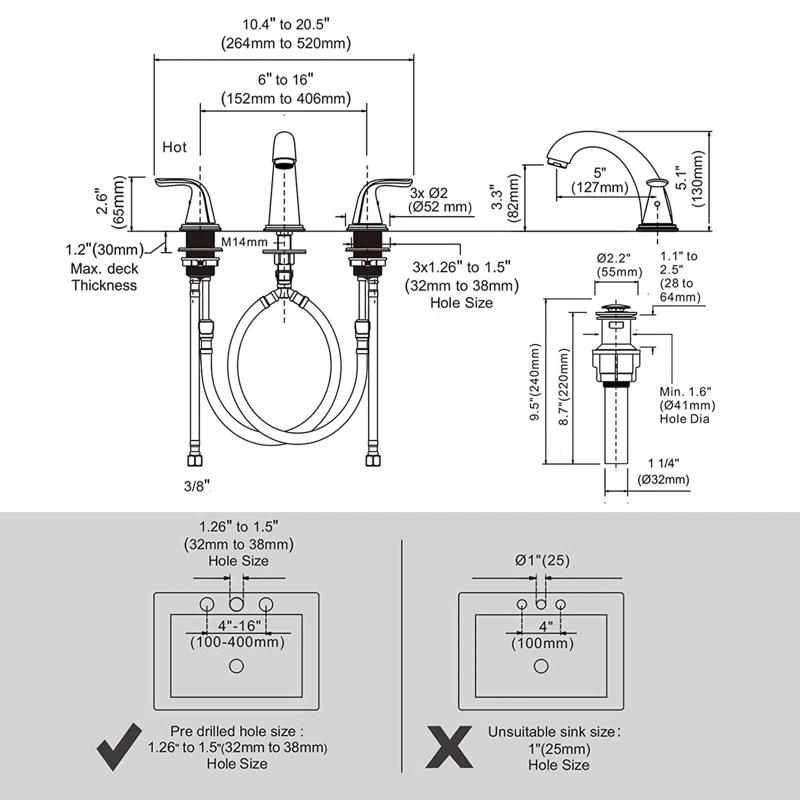 Aleasha Widespread Bathroom Sink Faucet, 3 Hole Faucet With Pop-Up Drain