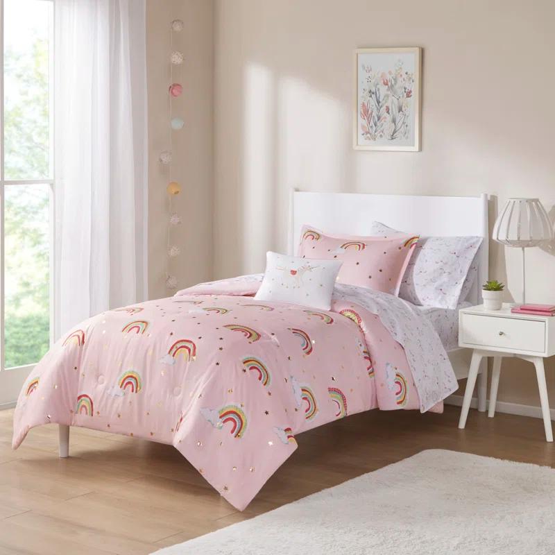 Intelligent Design Kids Alicia Rainbow and Metallic Stars Comforter Set with Bed Sheets