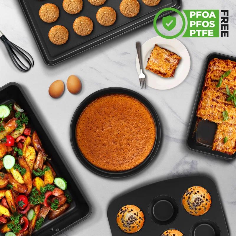 NutriChef 8-Piece Nonstick Stackable Bakeware Set - Pfoa, Pfos, Ptfe Free Baking Tray Set W/ Non-Stick Coating, 450°F Oven Safe, Round Cake, Loaf, Muffin, Wide/Square Pans, Cookie Sheet