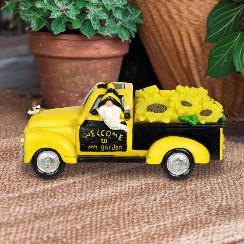 Exhart Exhart Solar Hand Painted Beekeeper Gnome in a Sunflower Truck Garden Statue, 11 by 5 Inches