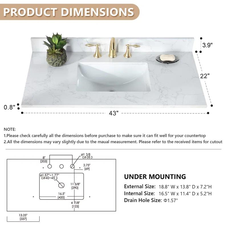 Ceres 43" Engineered Stone Single Bathroom Vanity Top with Sink