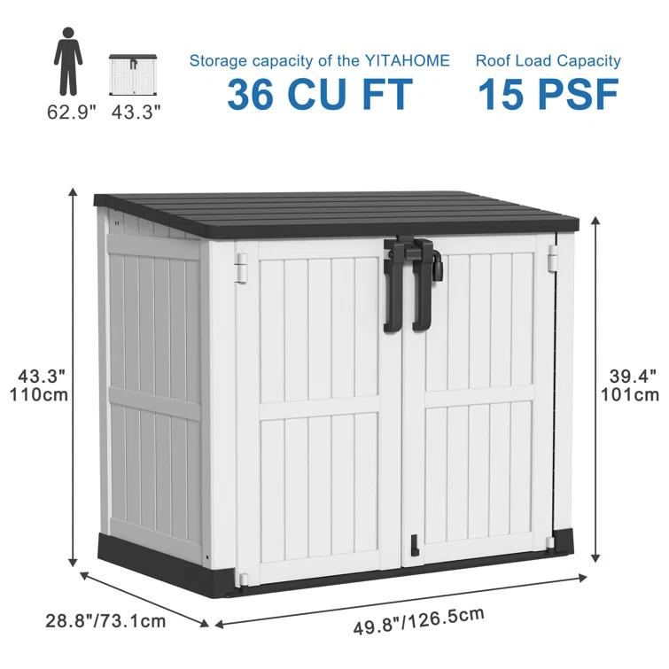 Emperic Design Resin Tool Shed, 36 Cu Ft Waterproof Outdoor Horizontal Storage, Weather-resistant Utility Shed With Air Vent For Trash And Lockable Doors, Garden Tools (black And White)