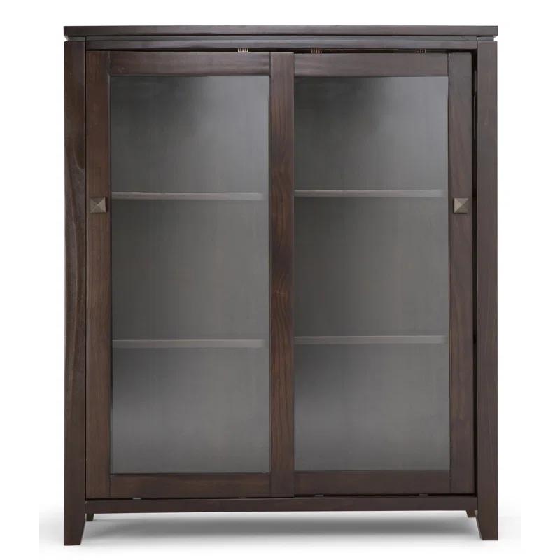 Simpli Home Cosmopolitan 36"W Solid Wood 4-Shelf Contemporary Medium Storage Cabinet with Sliding Glass Doors