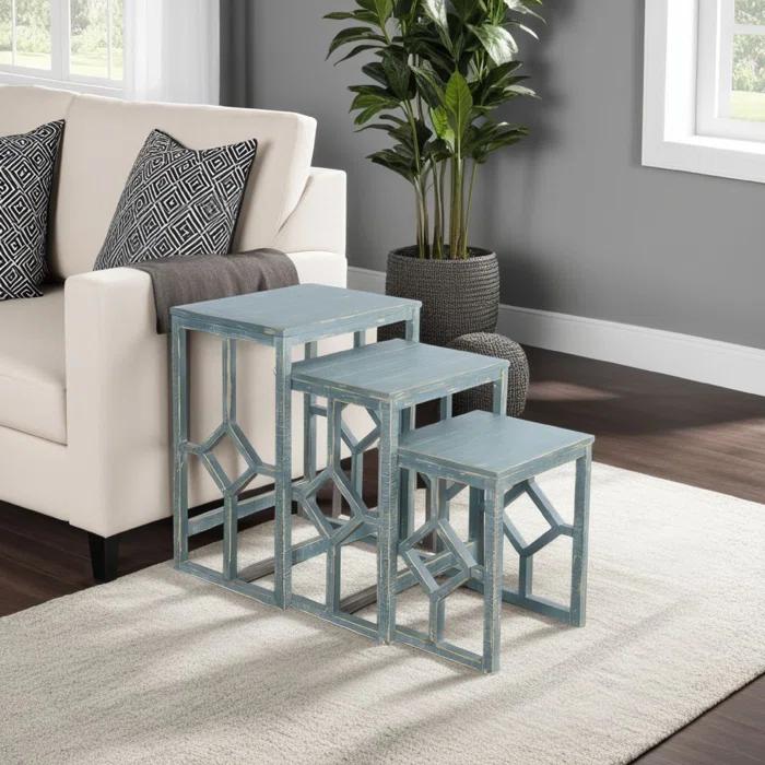 Benjara Rena 3 Piece Nesting Accent Table Set | Geometric Frame | Distressed Pebble Solid Mahogany Wood