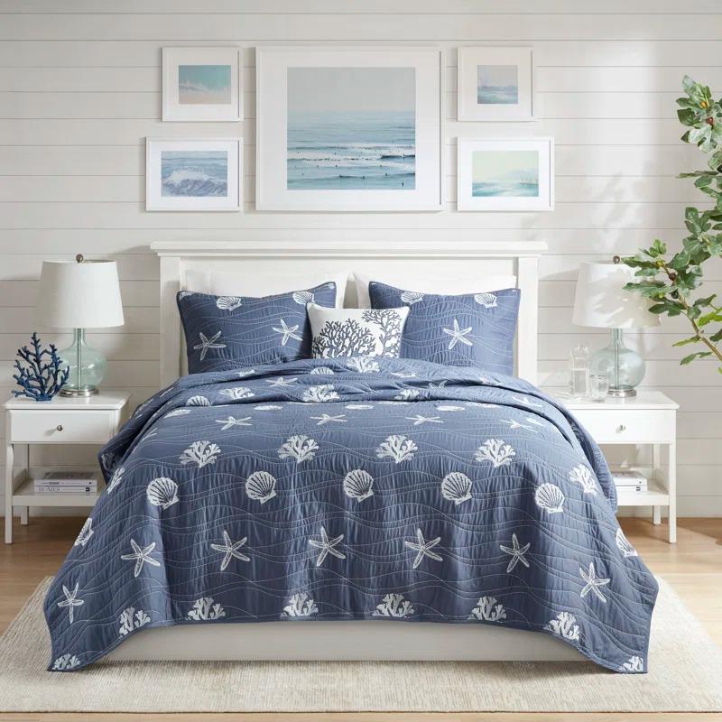Harbor House Seaside 4 Piece Cotton Reversible Embroidered Quilt Set