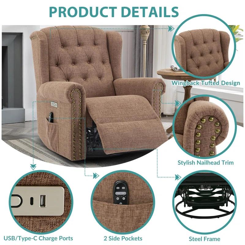 MEETWARM Meetwarm Power Swivel Rocking Glider Recliner Chair With Heat And Vibration, Electric Rocker Nursery Reclining Chair, Wingback Tufted Upholstered Recliner For Living Room, Type-C & Usb Ports