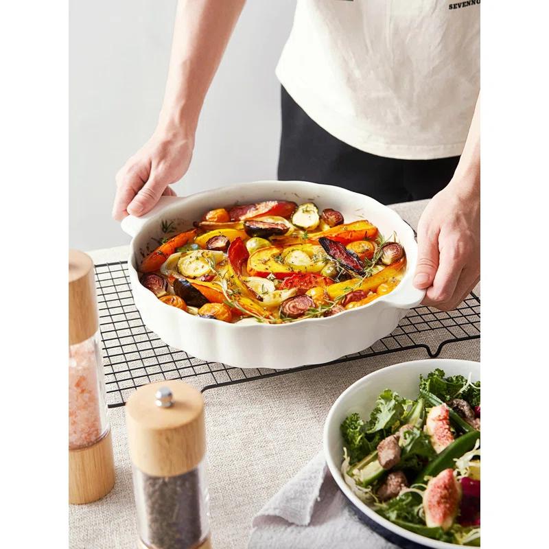 MASTER CRAFT WINDOW AND DOOR Ceramic Pie Pan For Baking,13Inch Round Baking Dish With Double Handle,Pie Plate With Ruffled Edge-Microwave, Dishwasher, And Oven Safe