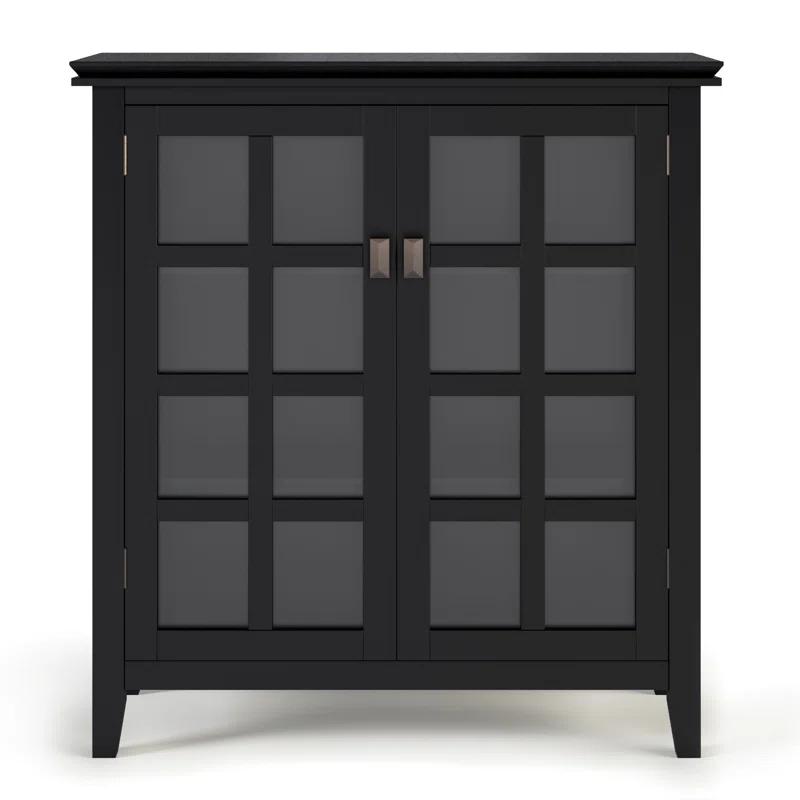 Simpli Home Artisan 38"W Solid Wood 4-Shelf Medium Storage Cabinet with Glass Doors and Adjustable Shelves