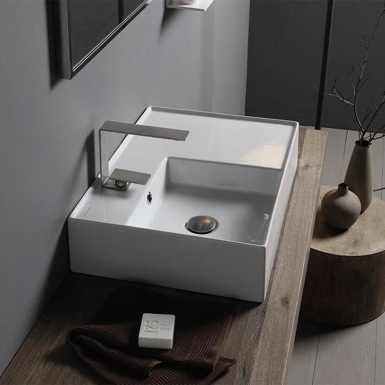 Scarabeo by Nameeks Scarabeo By Nameeks Teorema 17.32'' Bright White Ceramic Rectangular Vessel, Wall Mount Bathroom Sink with Overflow Scarabeo 5114-One Hole