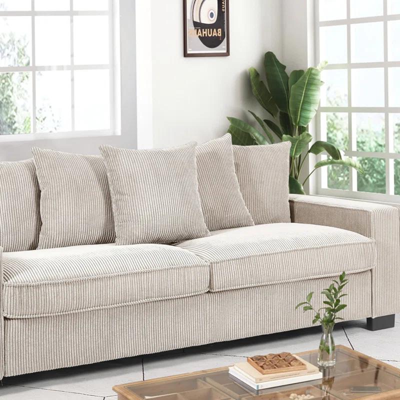 Latitude Run® 3 Seater Corduroy Sofa with 5 Matching Toss Pillows for Modern Living Room