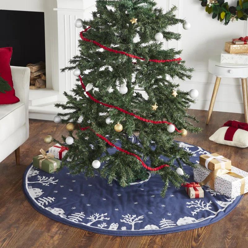 Arcadia Home Handmade Christmas Tree Skirt in Cotton - Village Scene on Navy Blue - 60"