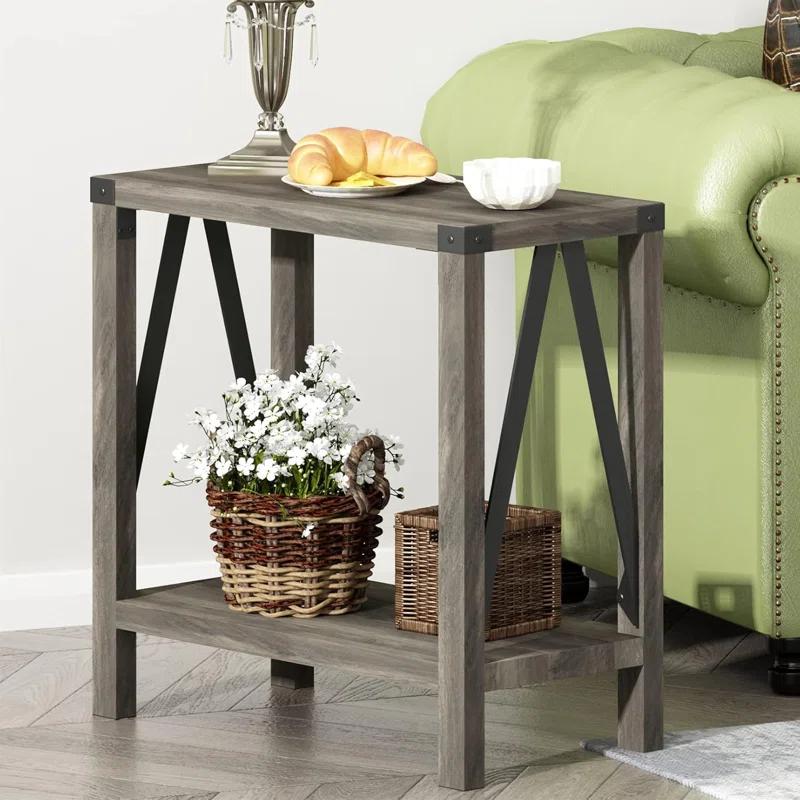 Gracie Oaks Farmhouse End Table For Small Spaces, Narrow Side End Table With Storage Shelf, Rustic A-Design Nightstand Sofa Table For Living Room, Bedroom 2 Pack