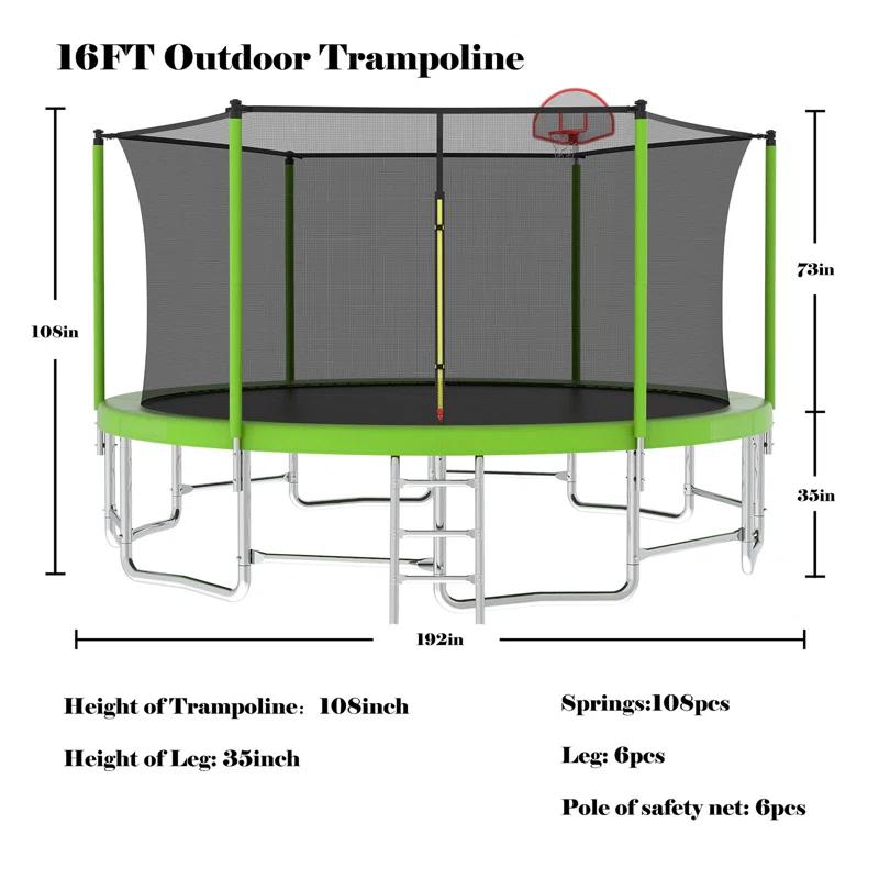 Ceballos 16FT Trampoline With Balance Bar  And  Basketball Hoop And Ball, ASTM Approved Reinforced Type Outdoor Trampoline With Enclosure Net