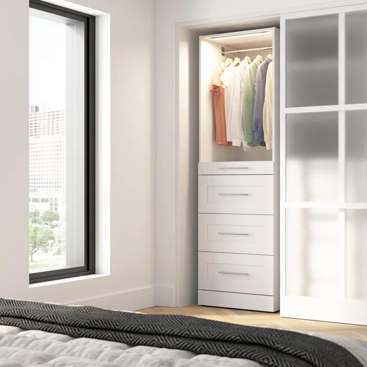 Bestar Florence Modular Walk-In Closet System Tower With LED Light, Shelves And 4 Drawers, Shaker Style