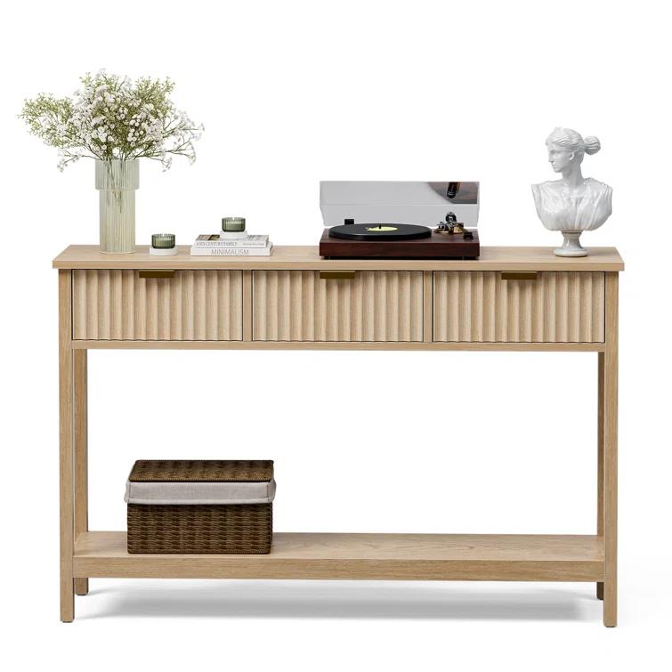 Latitude Run® Console Table With Storage, Boho Entryway Table With 3 Fluted Drawers And Shelf, Sofa Table For Living Room, Entryway, Hallway, Natural