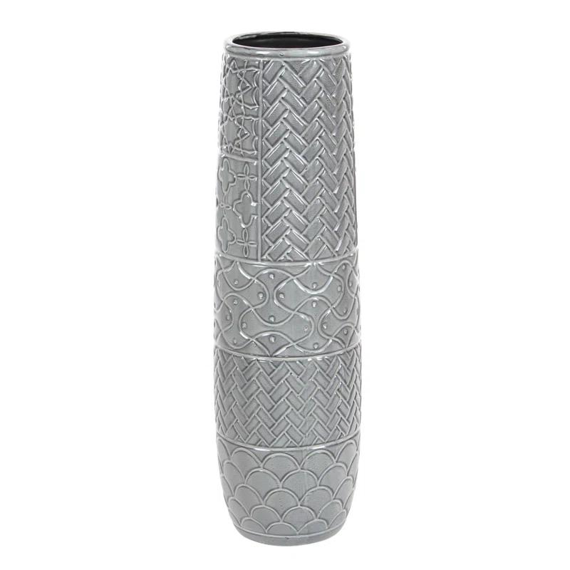 Ceramic Slim Engraved Patterned Decorative Gray Vase