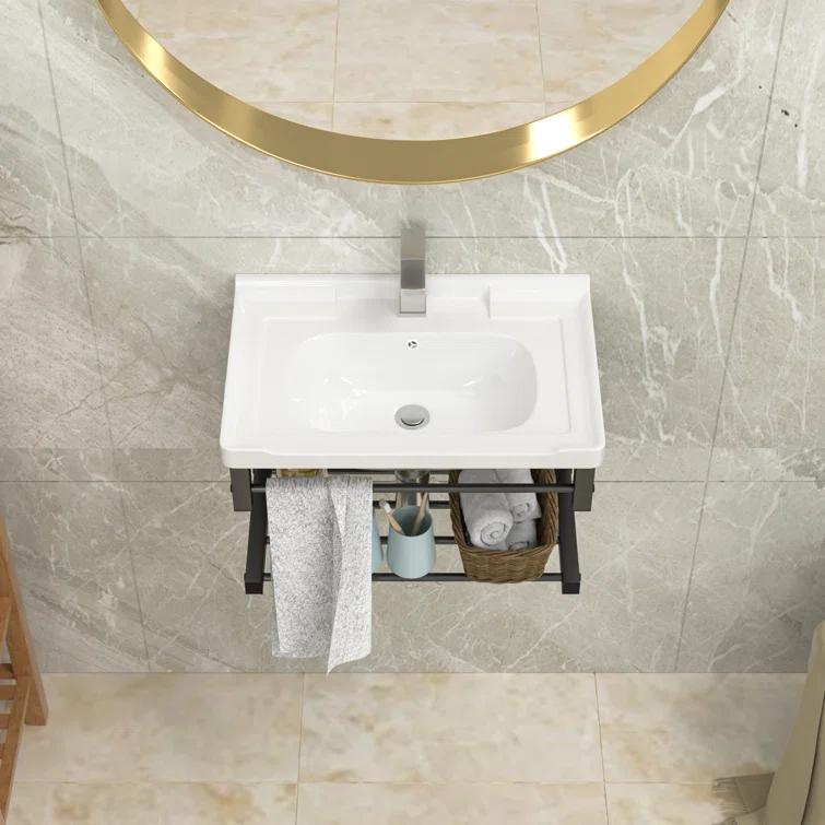 Lordear 23.75" L x 15.75" W Wall Mounted Bathroom Sink with Towel Rack White Ceramic Bathroom Wall Hung Sink LBS2315GP
